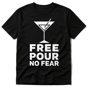 Black Bartender T Shirts Funny - "Free Pour No Fear" graphic tee with white print, flat lay product photo