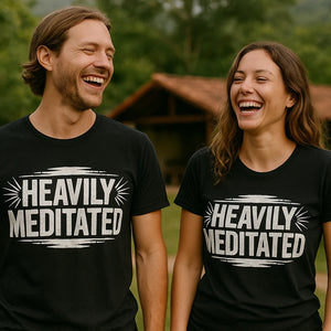 Person wearing the black meditation t shirt graphic tee - "Heavily Meditated" design