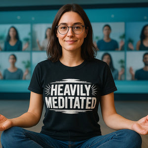 Lifestyle shot of the "Heavily Meditated" black meditation t shirt in a real-world setting