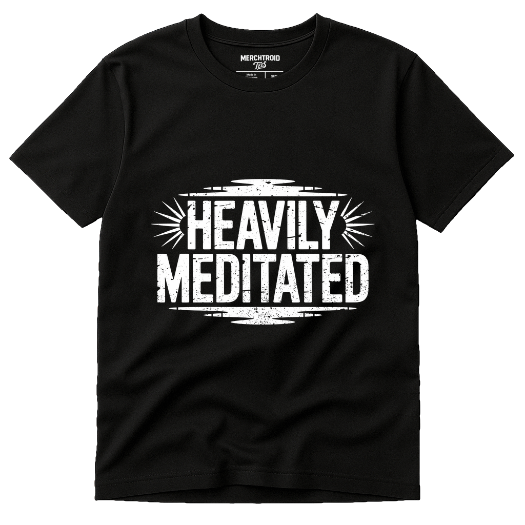 Black Meditation T Shirt - "Heavily Meditated" graphic tee with white print, flat lay product photo