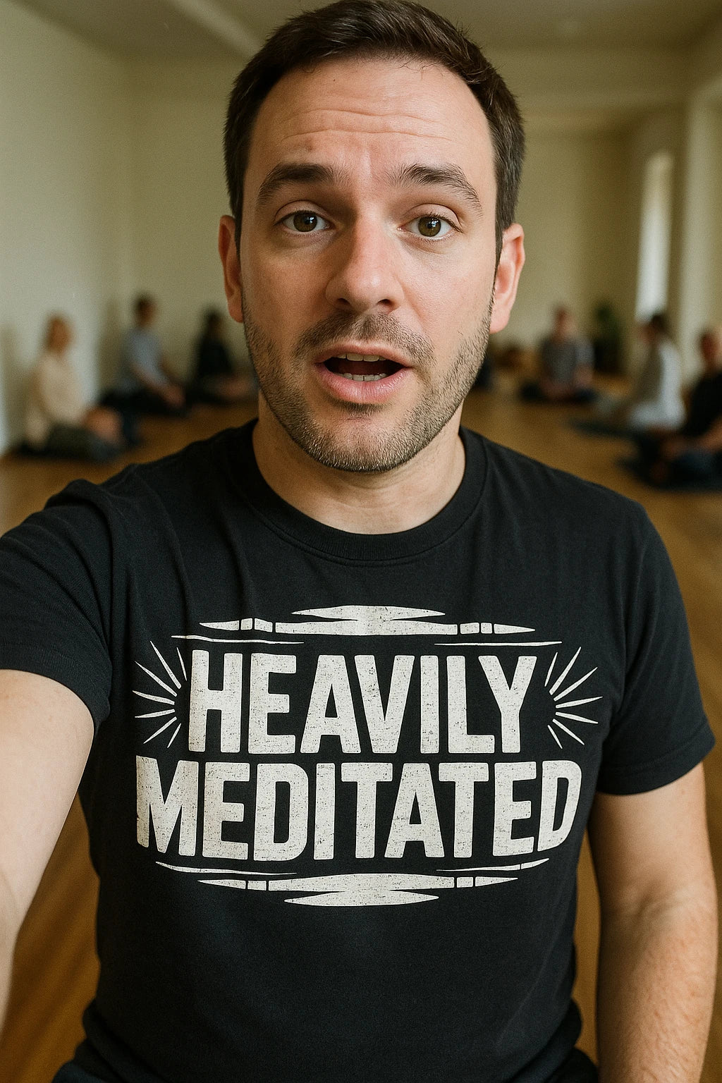 "Heavily Meditated" black meditation t shirt, photographed as gift for meditation lover