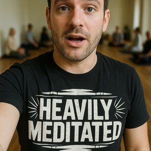 "Heavily Meditated" black meditation t shirt, photographed as gift for meditation lover