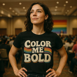 Lifestyle shot of the "Color Me Bold" black lgbtq tee shirts in a real-world setting
