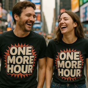 Person wearing the black new years shirts graphic tee - "One More Hour" design
