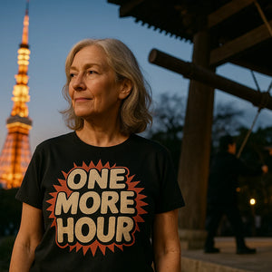 Lifestyle shot of the "One More Hour" black new years shirts in a real-world setting