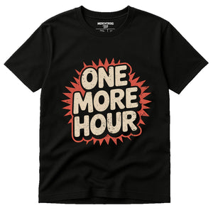 Black New Years Shirts - "One More Hour" graphic tee with beige print, flat lay product photo