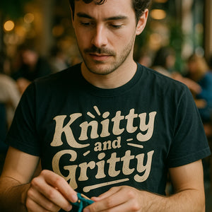 "Knitty and Gritty" black mens knitted long sleeve shirts, photographed as gifts for knitting lovers