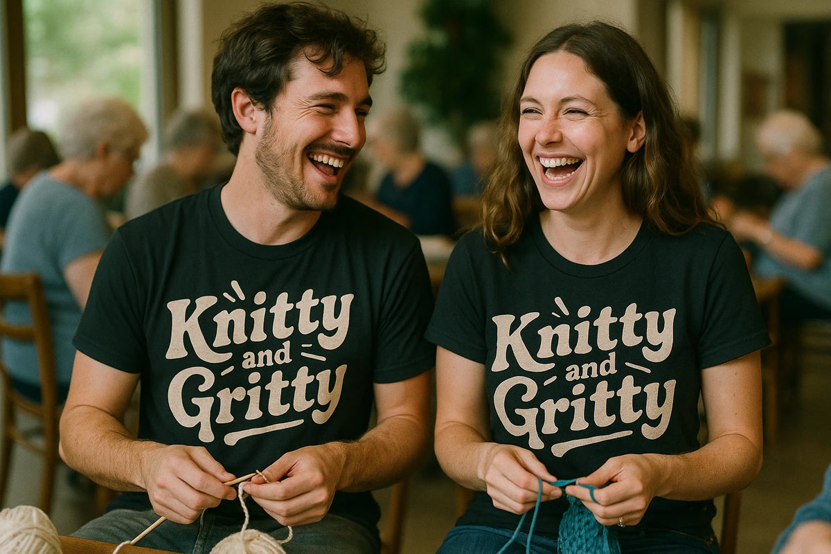 Person wearing the black mens knitted long sleeve shirts graphic tee - "Knitty and Gritty" design