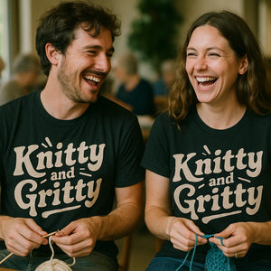 Person wearing the black mens knitted long sleeve shirts graphic tee - "Knitty and Gritty" design
