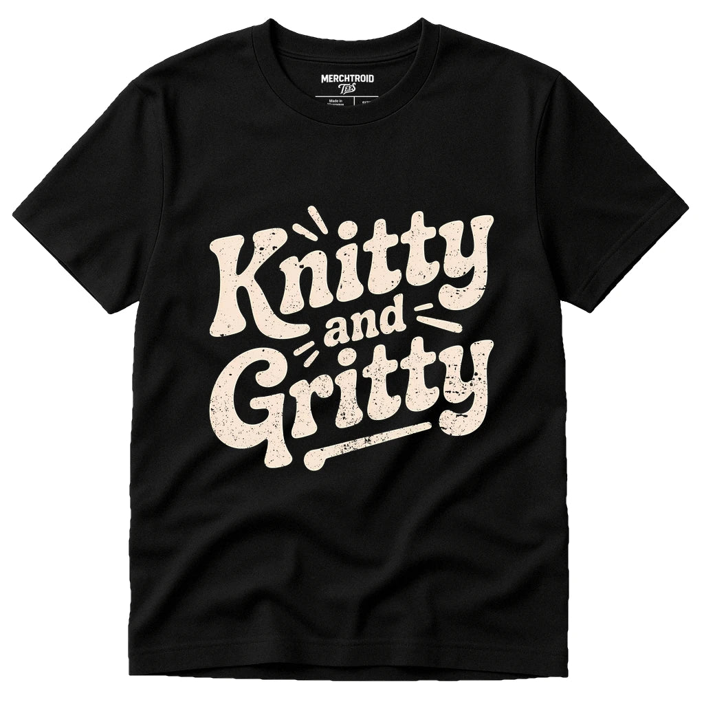 Black Mens Knitted Long Sleeve Shirts - "Knitty and Gritty" graphic tee with cream print, flat lay product photo