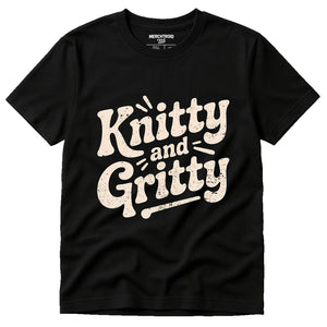 Black Mens Knitted Long Sleeve Shirts - "Knitty and Gritty" graphic tee with cream print, flat lay product photo