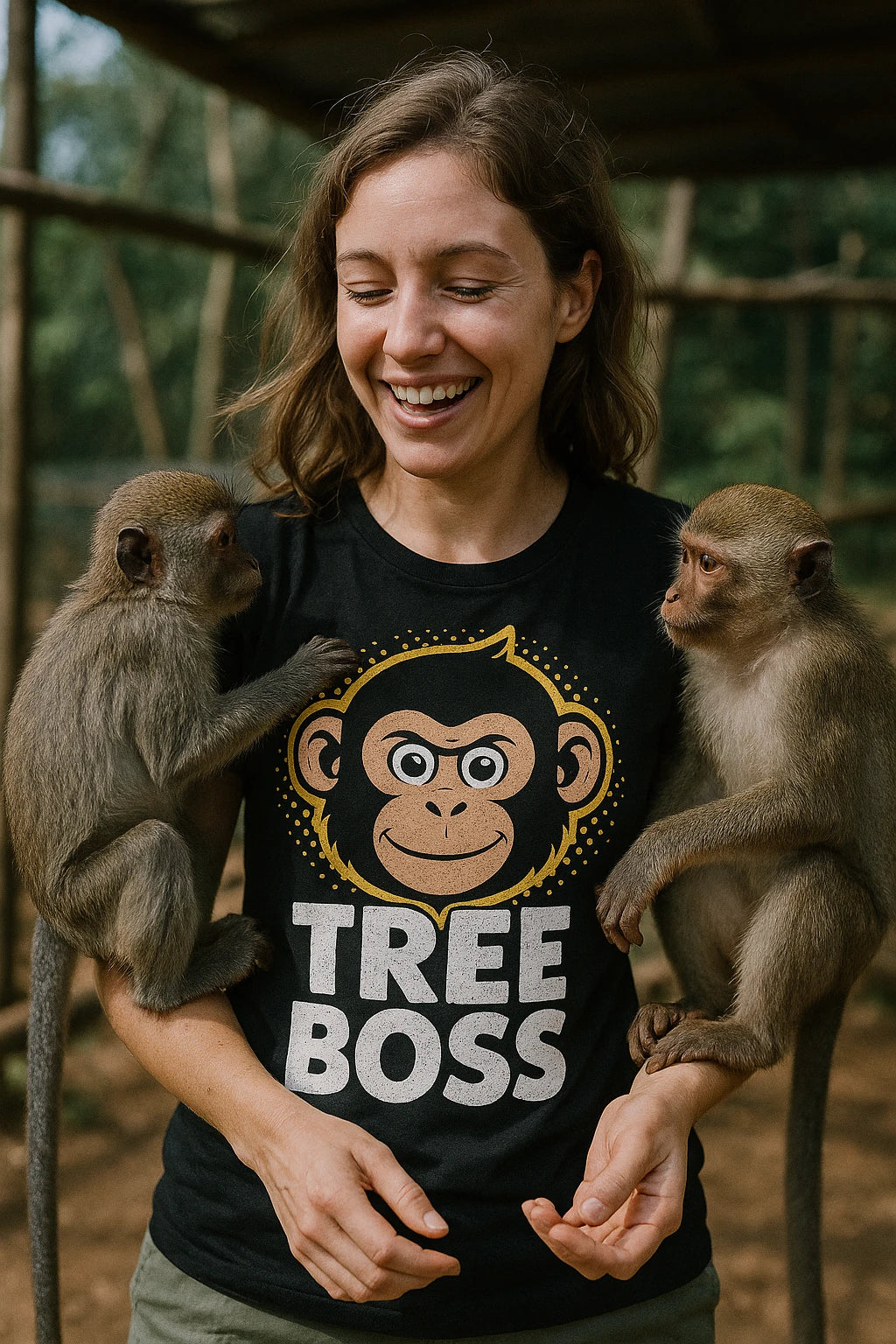 "Tree Boss" black funny monkey t shirt, photographed as gift ideas for monkey lovers