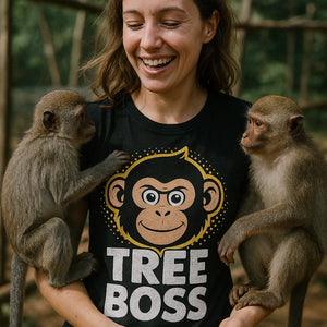 "Tree Boss" black funny monkey t shirt, photographed as gift ideas for monkey lovers