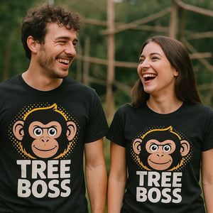 Person wearing the black funny monkey t shirt graphic tee - "Tree Boss" design