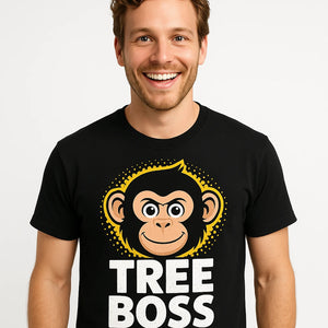 Close-up of the "Tree Boss" tan print on a premium Bella+Canvas black funny monkey t shirt
