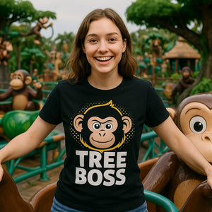 Lifestyle shot of the "Tree Boss" black funny monkey t shirt in a real-world setting