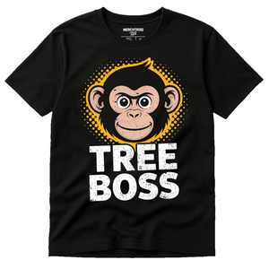 Black Funny Monkey T Shirt - "Tree Boss" graphic tee with tan print, flat lay product photo