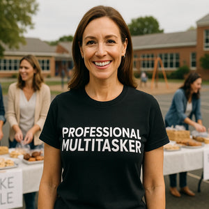 Lifestyle shot of the "Professional Multitasker" black mom life graphic tees in a real-world setting