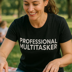 "Professional Multitasker" black mom life graphic tees, photographed as mom life lover gift