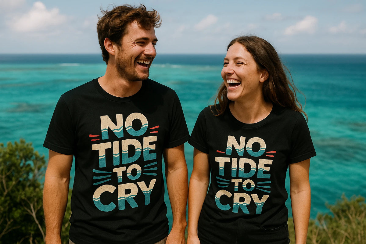 Person wearing the black oceans t shirt graphic tee - "No Tide To Cry" design