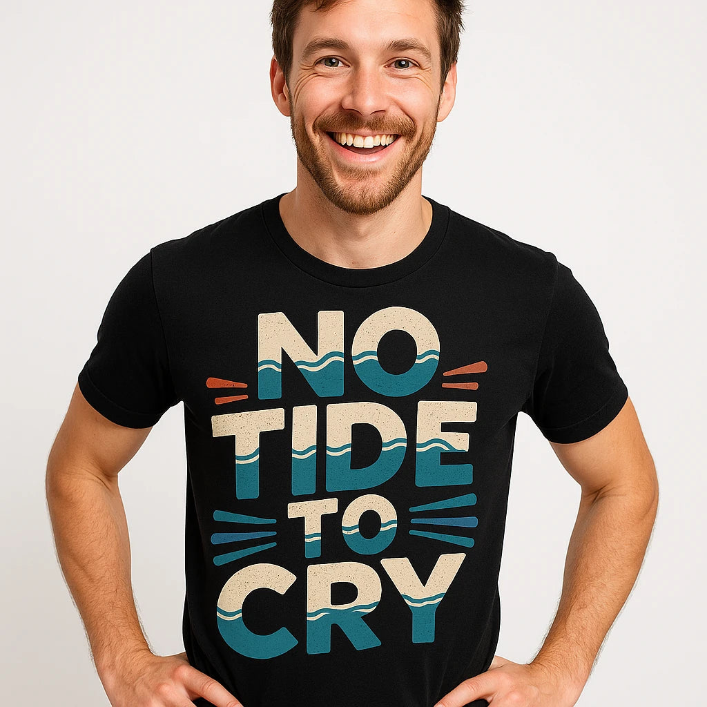 Close-up of the "No Tide To Cry" beige print on a premium Bella+Canvas black oceans t shirt