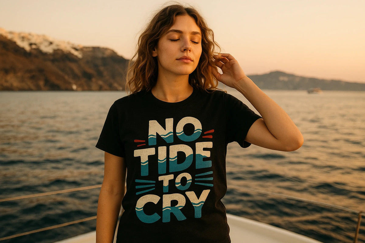 Lifestyle shot of the "No Tide To Cry" black oceans t shirt in a real-world setting
