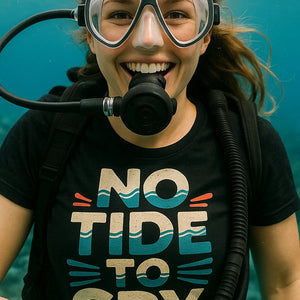 "No Tide To Cry" black oceans t shirt, photographed as oceans lover gift
