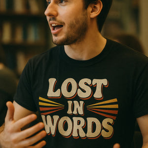 "Lost in Words" black translator shirts, photographed as gift ideas for translators