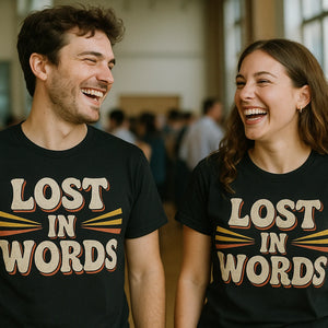 Person wearing the black translator shirts graphic tee - "Lost in Words" design