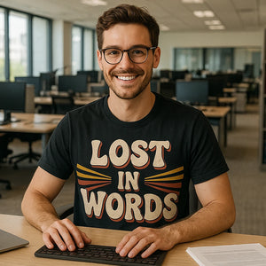 Lifestyle shot of the "Lost in Words" black translator shirts in a real-world setting