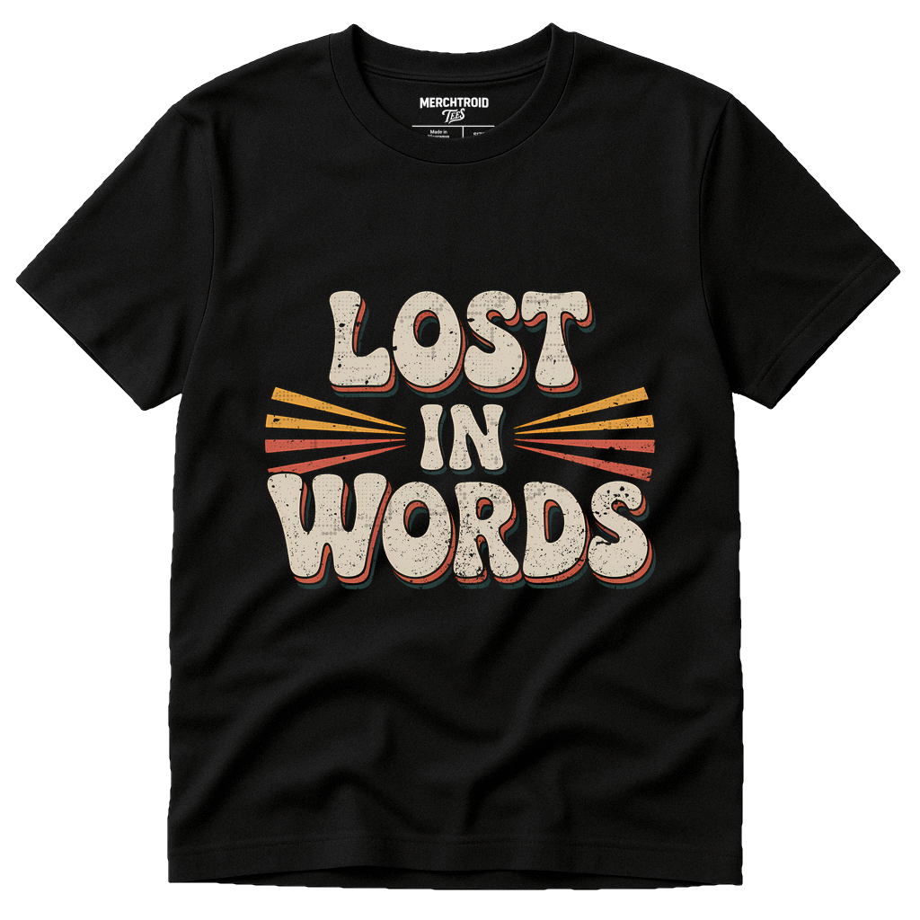 Black Translator Shirts - "Lost in Words" graphic tee with beige print, flat lay product photo