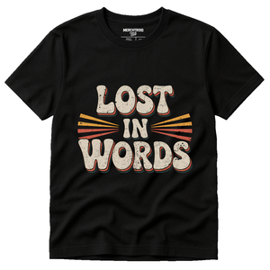Black Translator Shirts - "Lost in Words" graphic tee with beige print, flat lay product photo