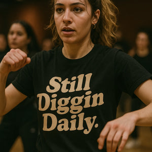 "Still Diggin Daily" black hip hop tee shirts, photographed as gift for hip hop lover