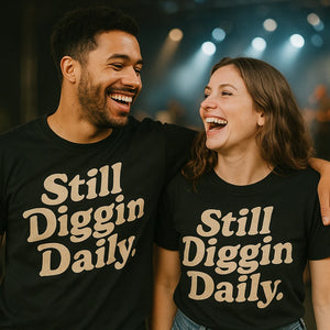 Person wearing the black hip hop tee shirts graphic tee - "Still Diggin Daily" design