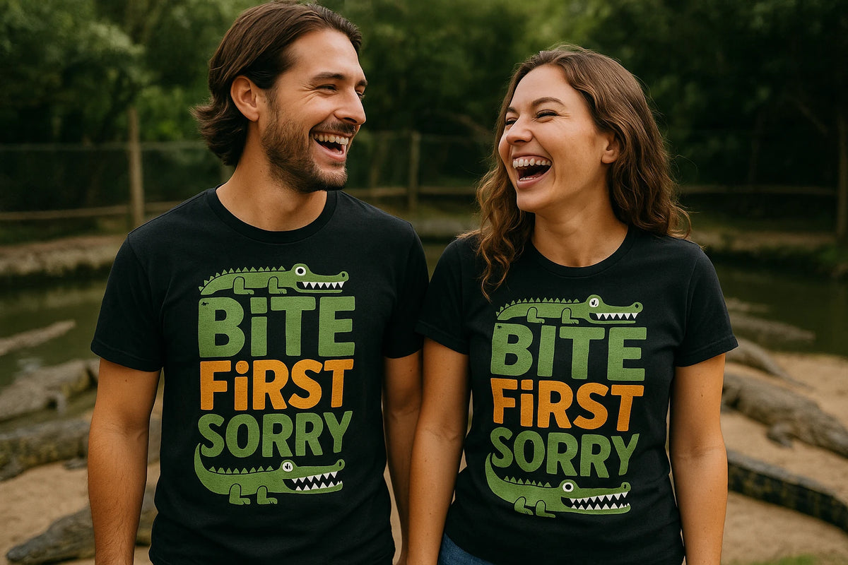 Person wearing the black crocodile tee shirt graphic tee - "Bite First Sorry" design