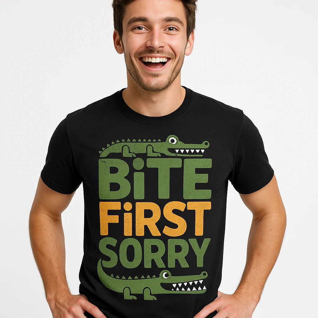 Close-up of the "Bite First Sorry" gray print on a premium Bella+Canvas black crocodile tee shirt