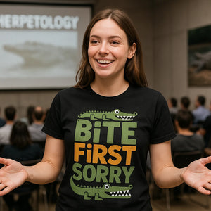 Lifestyle shot of the "Bite First Sorry" black crocodile tee shirt in a real-world setting