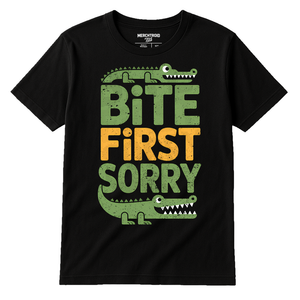 Black Crocodile Tee Shirt - "Bite First Sorry" graphic tee with gray print, flat lay product photo