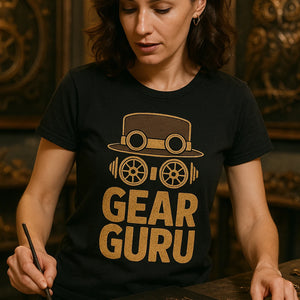 "Gear Guru" black steampunk tee shirts - a birthday gift for steampunk lover