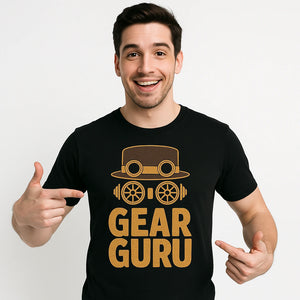 Close-up of the "Gear Guru" gold print on a premium Bella+Canvas black steampunk tee shirts