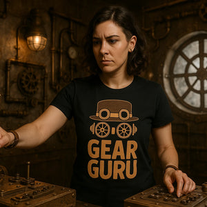 Lifestyle shot of the "Gear Guru" black steampunk tee shirts in a real-world setting