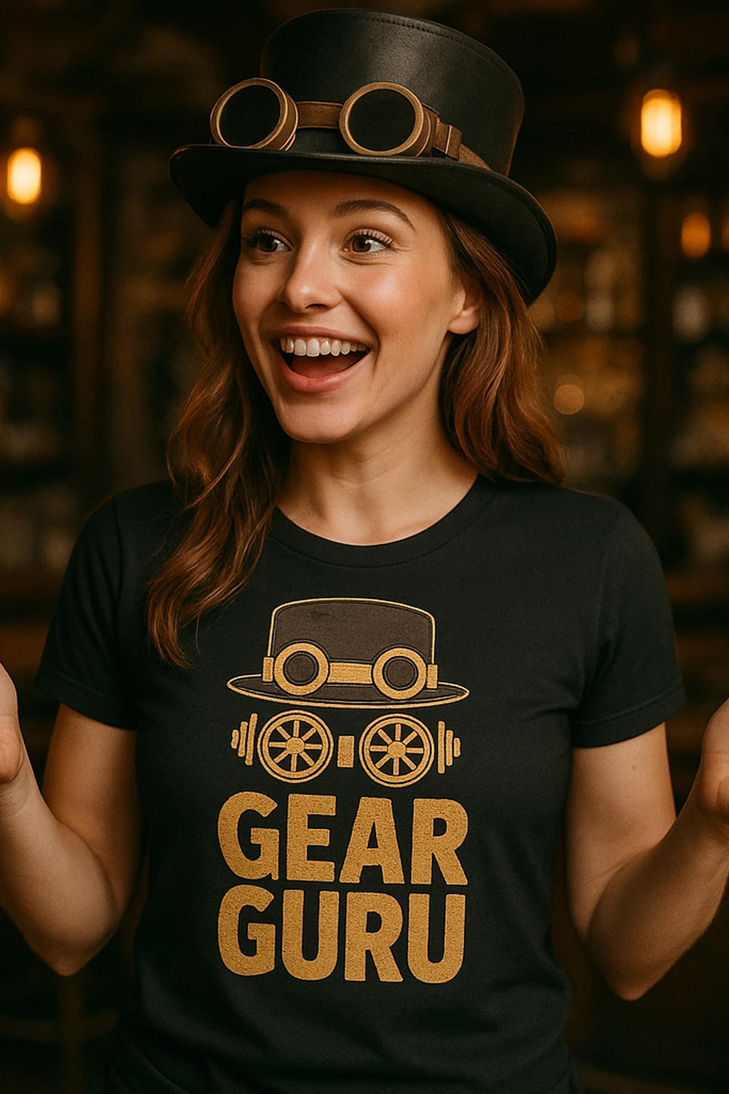 "Gear Guru" black steampunk tee shirts, photographed as steampunk lover gift