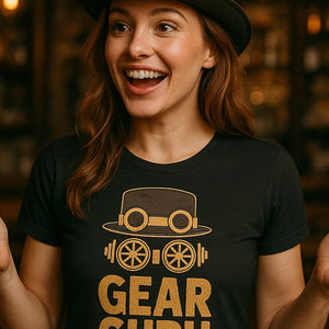 "Gear Guru" black steampunk tee shirts, photographed as steampunk lover gift