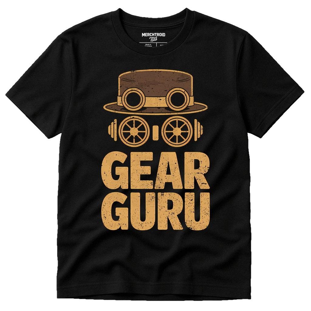 Black Steampunk Tee Shirts - "Gear Guru" graphic tee with gold print, flat lay product photo