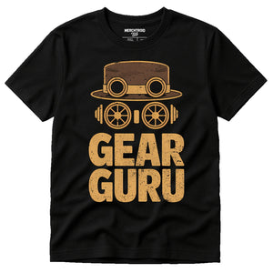 Black Steampunk Tee Shirts - "Gear Guru" graphic tee with gold print, flat lay product photo