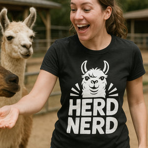 "Herd Nerd" black llama t shirt - a birthday gift for llama lover