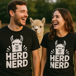 Person wearing the black llama t shirt graphic tee - "Herd Nerd" design