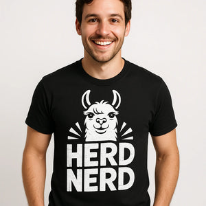 Close-up of the "Herd Nerd" white print on a premium Bella+Canvas black llama t shirt