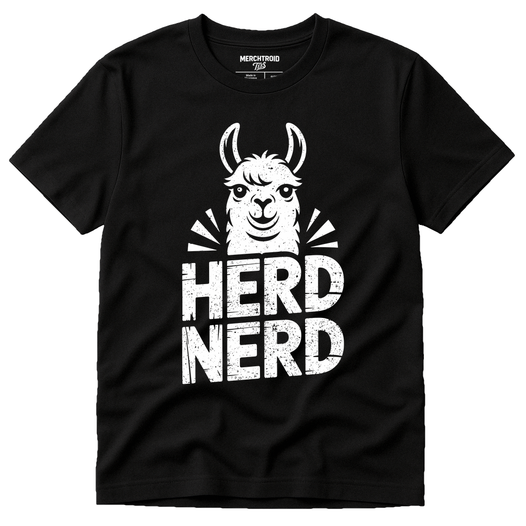 Black Llama T Shirt - "Herd Nerd" graphic tee with white print, flat lay product photo