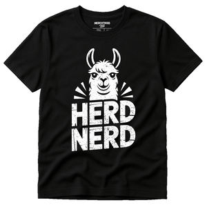 Black Llama T Shirt - "Herd Nerd" graphic tee with white print, flat lay product photo